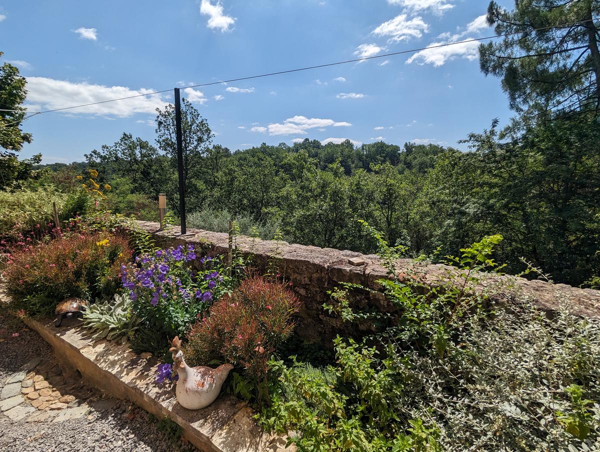 Mur de pierre fleuri ouvert sur la bois