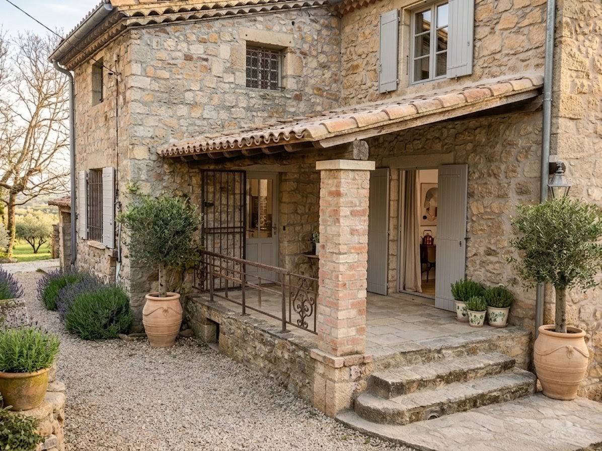 Façade en pierre du gîte avec terrasse et pampas