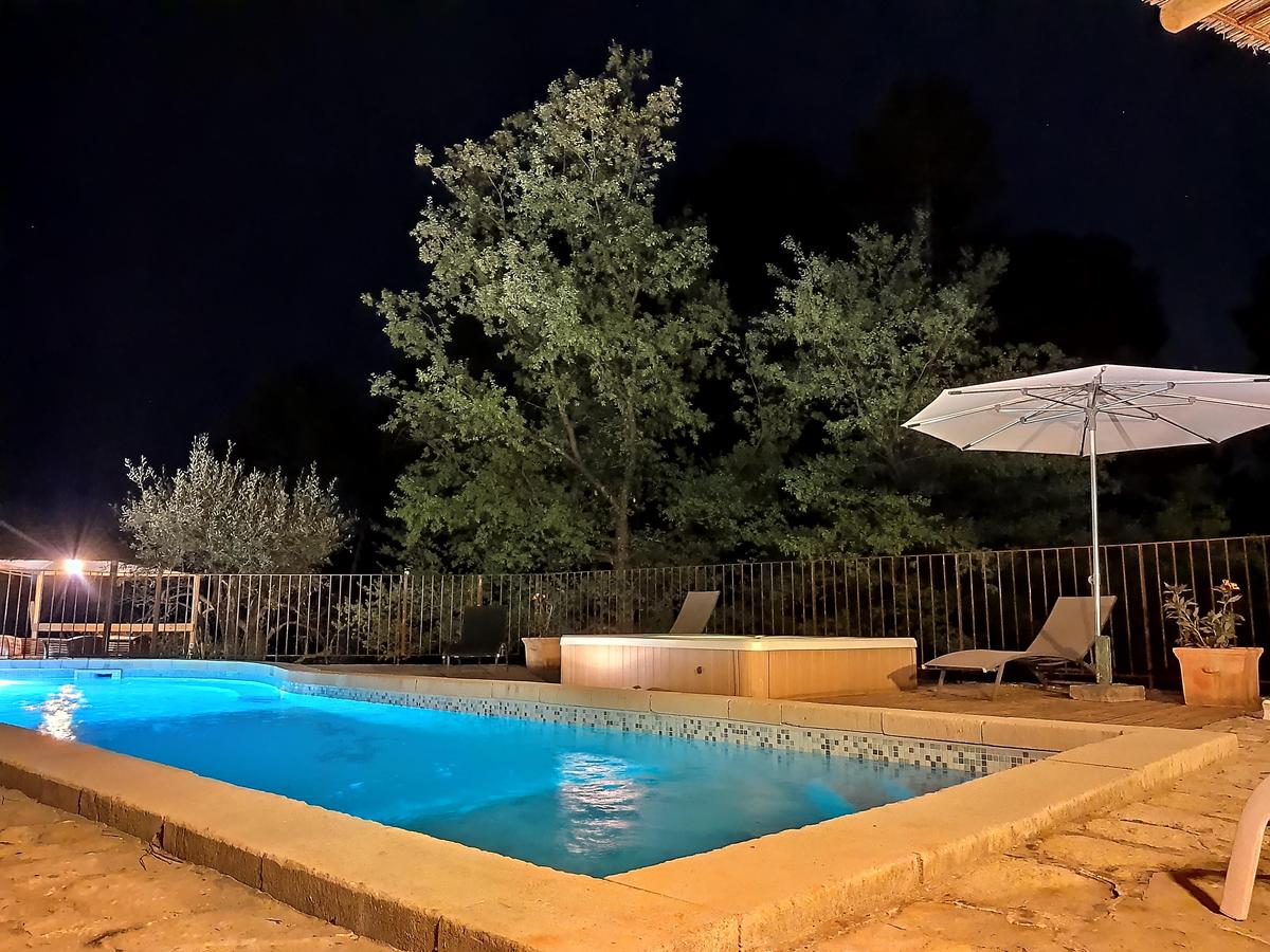 Piscine et grand arbre en soirée